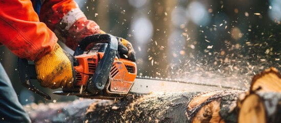 Worker cutting trees use portable gasoline chainsaw in natural background. AI generated image - obrazy, fototapety, plakaty