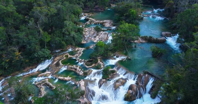 Cinematic aerial view of the waterfalls Agua Azul, Chiapas. Mexico landscape. Outdoors adventure and travel
4K