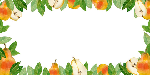 Rectangular frame made of fruits. Watercolor elements pear and half a pear with seeds, juicy fruit hand drawn in watercolor. Suitable for packaging juices, food, fabrics, towels, kitchens.