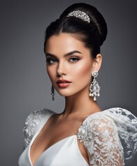  a beautiful young woman with long, dark hair, wearing a white dress. She is elegantly posing for a picture with her hair styled in a bun