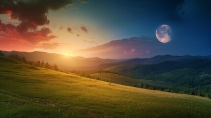 day and night time change above panorama of romania countryside. wonderful springtime landscape in mountains with sun and moon. grassy field and rolling hills. rural scenery - obrazy, fototapety, plakaty