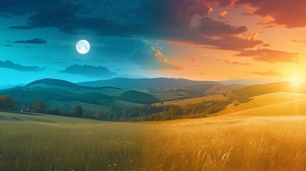 day and night time change above panorama of romania countryside. wonderful springtime landscape in mountains with sun and moon. grassy field and rolling hills. rural scenery - obrazy, fototapety, plakaty
