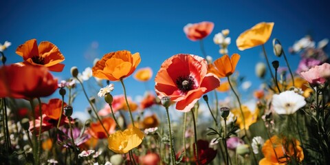 Wild poppies dance in the breeze against a perfect azure sky backdrop