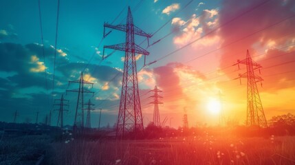 A depiction of high-voltage poles that transmit electricity, with a red sky and sunset in the background - Powered by Adobe