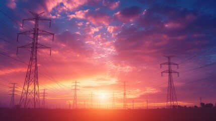 A depiction of high-voltage poles that transmit electricity, with a red sky and sunset in the background - Powered by Adobe