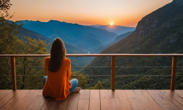 Picture from the back of a woman sitting on wooden porch extending into a high mountain cliff at sunset
