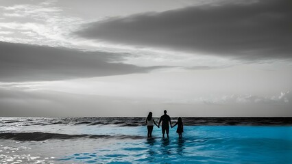  Monochrome Scene with Father, Mother, and Daughter by the Blue Sea. Generative AI