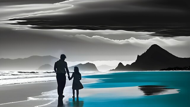 Seaside Stroll: Monochrome Illustration of Father and Daughter Walking by the Mountains. Generative AI