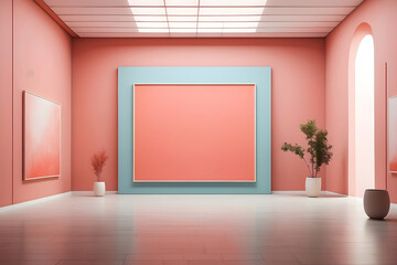 Imagine a minimalist art gallery hosting an exhibition with a big blank frame photo as the centrepiece design.