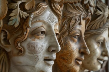 Fototapeta premium stone and wood masks of laughing female deities 