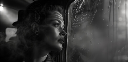 a 1940s woman looks out the window of a smoke filled cab in the city