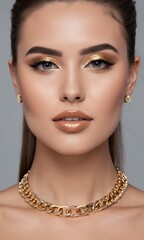 cropped view of young woman with shiny makeup in golden necklaces