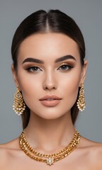 cropped view of young woman with shiny makeup in golden necklaces