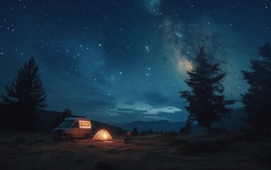 Tent under a starry sky in a remote wilderness at night.