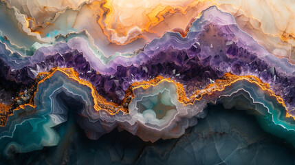 Translucent layers of opal, jade, and amethyst blending together on a marble slab, creating an ethereal and otherworldly abstract scene. 