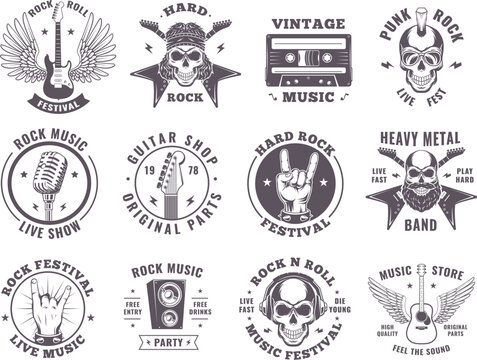 Rock badges. Music elements guitar wings microphone motorbike fire emblems exact vector monochrome symbols collection