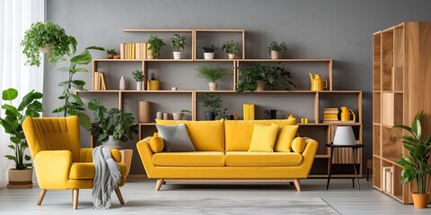 Stylishly staged Scandinavian open space with a yellow velvet sofa, plants, furniture, books, wooden cube, and personal touches.
