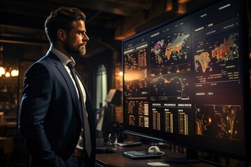 Fototapeta premium Charting Progress: A Businessman Delivers a Persuasive Presentation, Backed by Informative Statistics and Graphs, Mapping the Road to Success