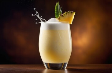 alcoholic cocktail Pina colada, summer cocktail with coconut and pineapple, soft drink with ice, International Bartenders Day, dark background, wooden table