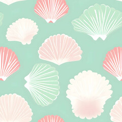 seamless seashell scallop shell print, 1990s fashion print, light pink and mint green] seamless pattern, some negative space, vector style, procreate style, pastel colorbook,