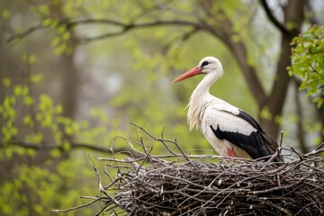 Fototapeta premium A stork, as soon as it is at its nest, is the harbinger of spring. Generative AI