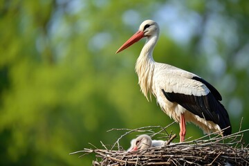 Fototapeta premium A stork, as soon as it is at its nest, is the harbinger of spring. Generative AI