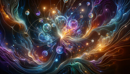 Ethereal neural network with glowing orbs and vibrant colors.