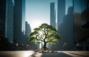Tree growing from pile of coins with cityscape Concept saving money.