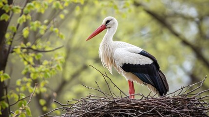 Fototapeta premium A stork, as soon as it is at its nest, is the harbinger of spring. Generative AI