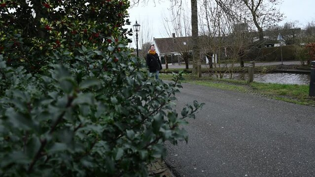 stalker hides behind bushes while watching spying on a single vulnerable woman in the street who is unaware of the unwanted attention. peeping Tom watches lady in her daily routine in secrecy