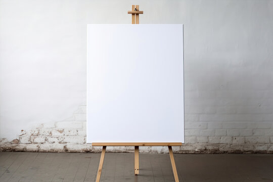 Blank white canvas on wooden easel with white brick wall background
