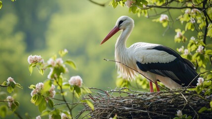 Fototapeta premium A stork, as soon as it is at its nest, is the harbinger of spring. Generative AI