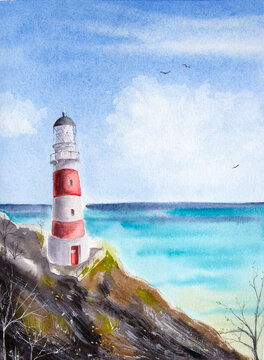 Hand painted watercolor landscape with a lighthouse. Watercolor marine landscape with a lighthouse.