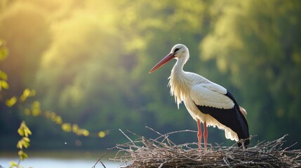 Fototapeta premium A stork, as soon as it is at its nest, is the harbinger of spring. Generative AI