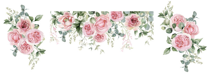 Floral border and bouquet with pink roses flowers, eucalyptus branches and leaves. Watercolor illustration isolated on transparent background for wedding invitation, greeting card, textile, wrap  © Nataliya Kunitsyna