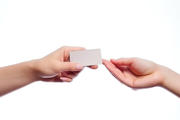 Two hands, likely female, in a close up exchange of a blank white card against an isolated background