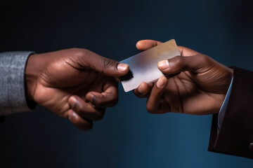 Closeup of two African adults exchanging a blank card, ideal for credit or business purposes, against a blue background