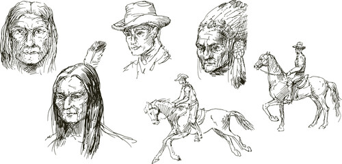 Fototapeta na wymiar Hand drawn set of cowboys and Native American Indians