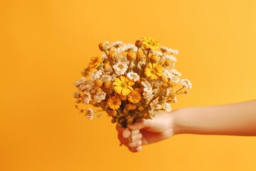 small child's hand clutching a bouquet of creamy white and peach flowers against a bright orange background