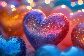 Fototapeta premium Background of color heart. Festive photo zone for Valentine's Day. Background for cards, banners, invitations, congratulations, volumetric 3D shiny glossy heart-shaped
