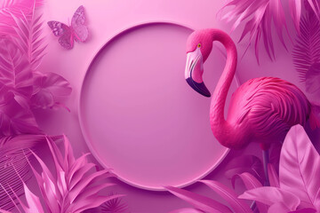 Summer background with pink flamingo and tropical leaves. 3d rendering