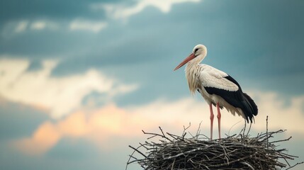 A stork, as soon as it is at its nest, is the harbinger of spring. Generative AI - obrazy, fototapety, plakaty