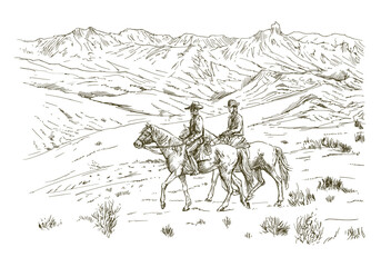 Two cowboys on horseback in the countryside - 728819303