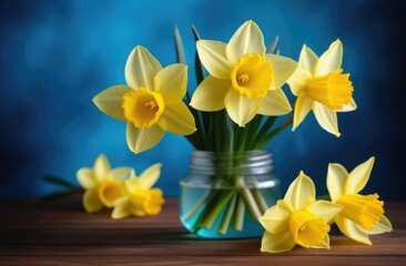 Fototapeta na wymiar mothers Day, international Womens Day, St. Davids Day, bouquet of yellow daffodils in a glass vase, spring flowers, blue background