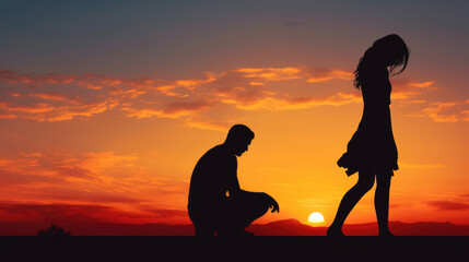 Marriage proposal rejection. Silhouette of female rejecting and breaking up with male at sunset - obrazy, fototapety, plakaty