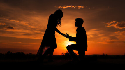 Marriage proposal acceptance. Silhouette of male proposing and female accepting at sunset
