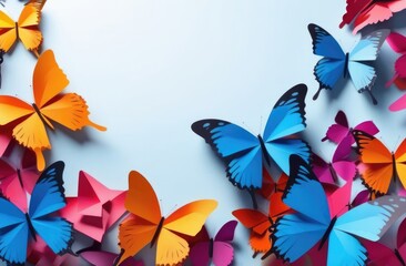 Fototapeta na wymiar Zero Discrimination Day, multicolored paper butterflies, rainbow colors, paper cutouts, blue background
