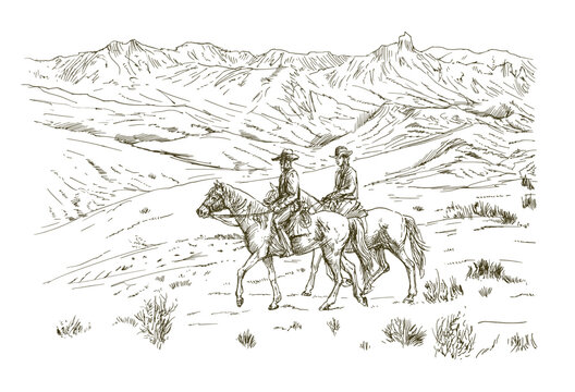 Two cowboys on horseback in the countryside