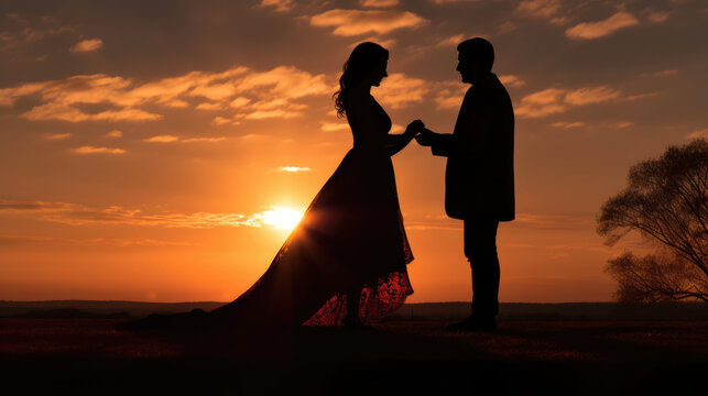 Marriage proposal acceptance. Silhouette of male and female holding hands at sunset