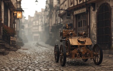 Detailed vintage car model displayed on cobblestone street of an old European town.